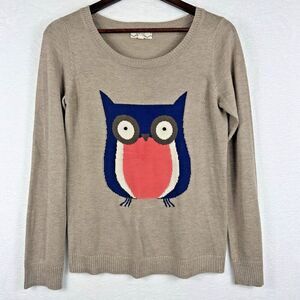 Pink Rose Owl Sweater‎ L Brown Lightweight Soft Angora Blend Novelty